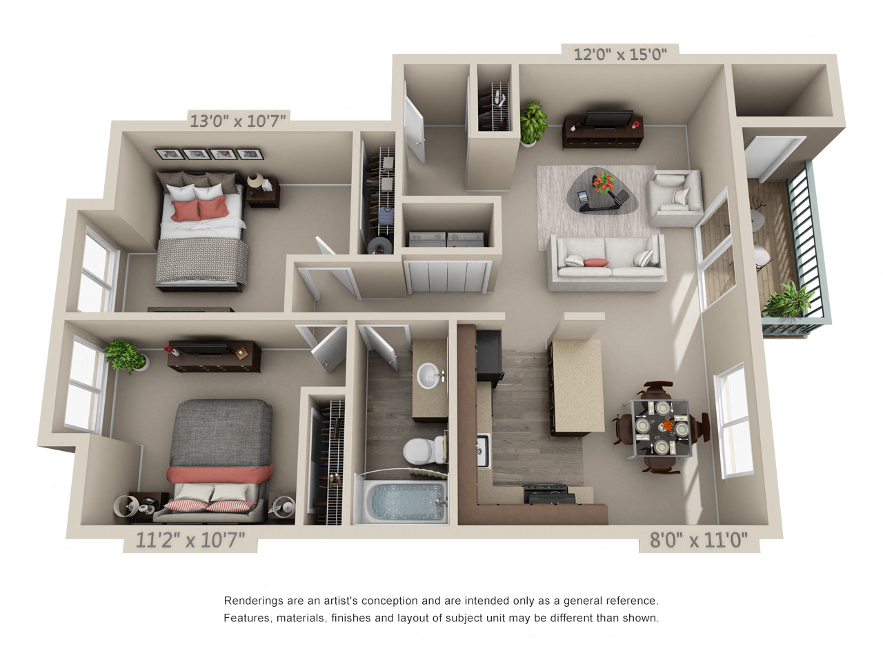 2 Bedroom 1 Bath Floor Plan at Oak Hill Apartments, Portland, 97229